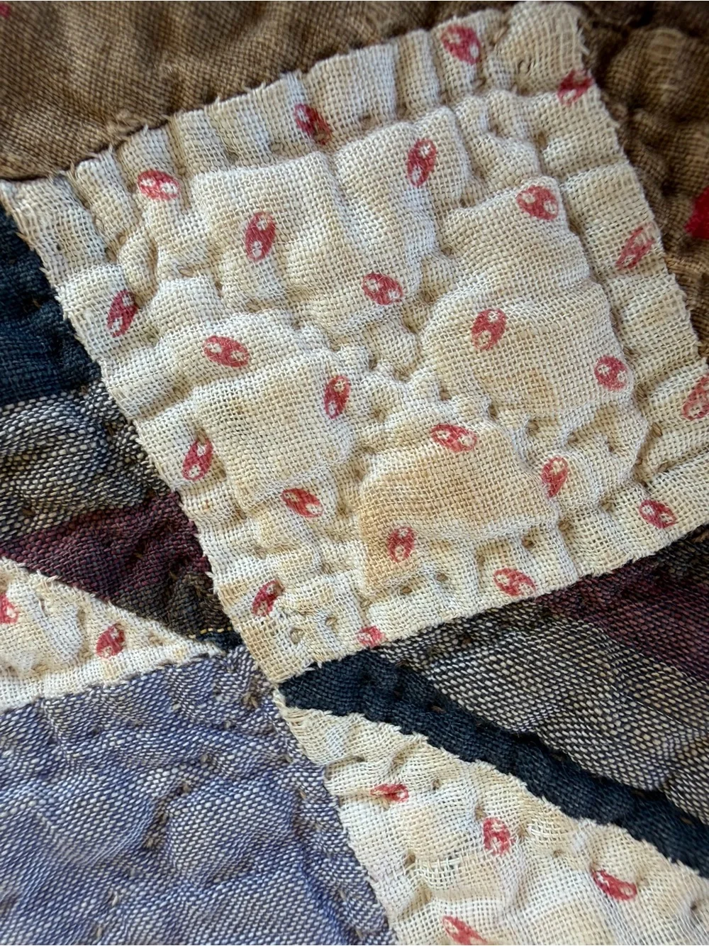 Vintage 4 Patch in Square Hand Sewn Quilt Brown Florals Earth Tones 70x76 CUTTER